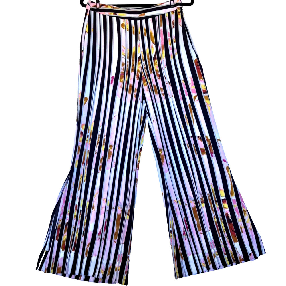 Bisou Bisou Michele Bohbot Striped Wide Leg Pants Black Side Zip Slit Womens S